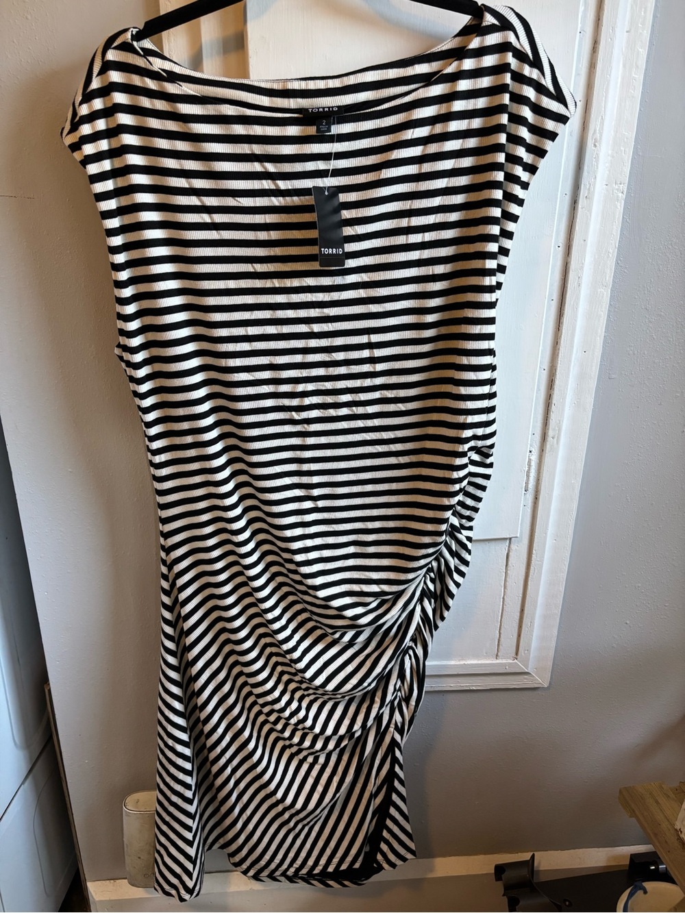 torrid Black and White Striped Midi Dress with Side Ruched Detail